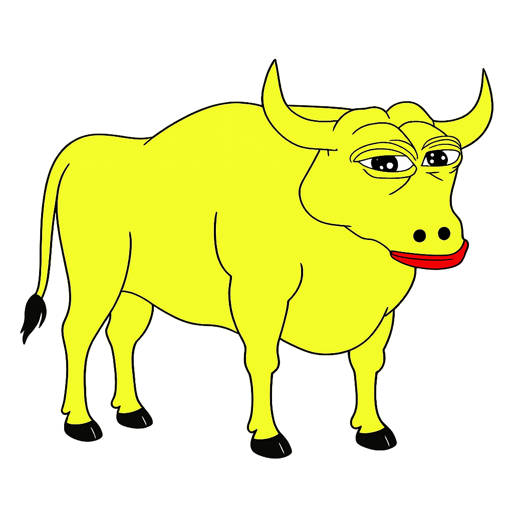 Yellow bull mascot with Pepe face on transparent background