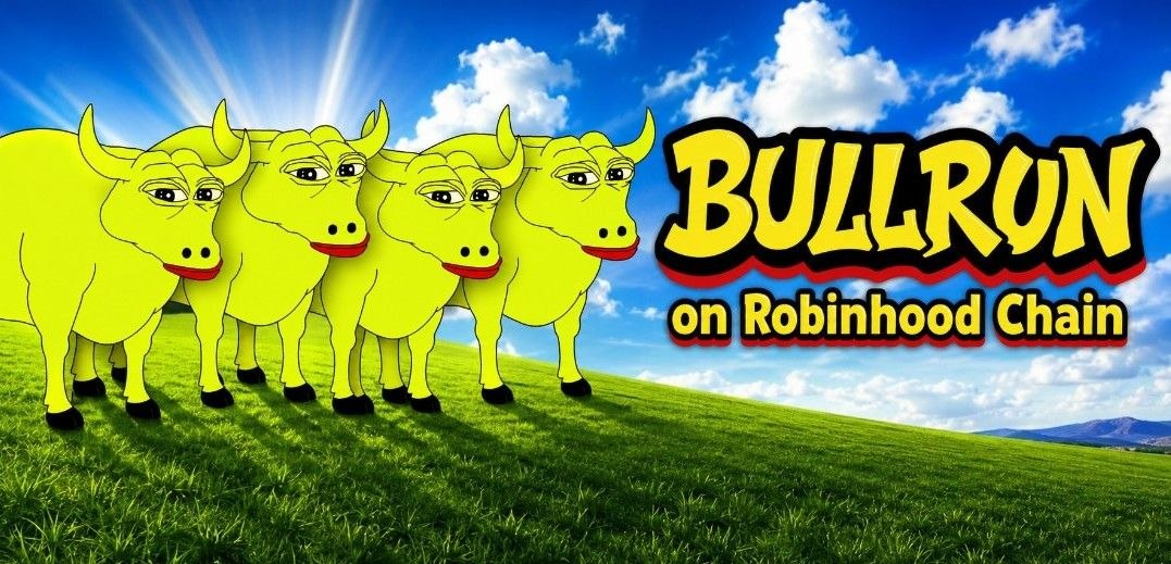 BULLRUN on Robinhood Chain banner with four yellow bulls on a grassy hill